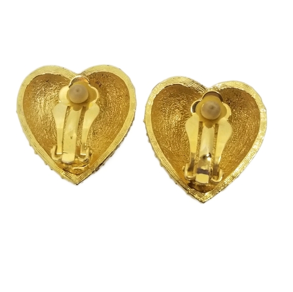 VINTAGE 1980S LARGE GOLDTONE & PAVE CRYSTAL HEART CLIP ON EARRINGS - Picture 6 of 6